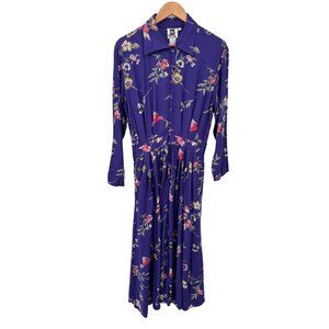 Together‎ Spring Maxi Dress Womens 10 Purple Rayon Floral Hummingbird Print VTG